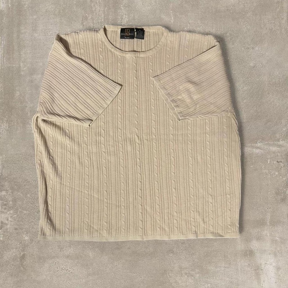 Jenny Buchanan Cable Knit Sweater Women’s 1X Beige Short Sleeve Vintage Classic